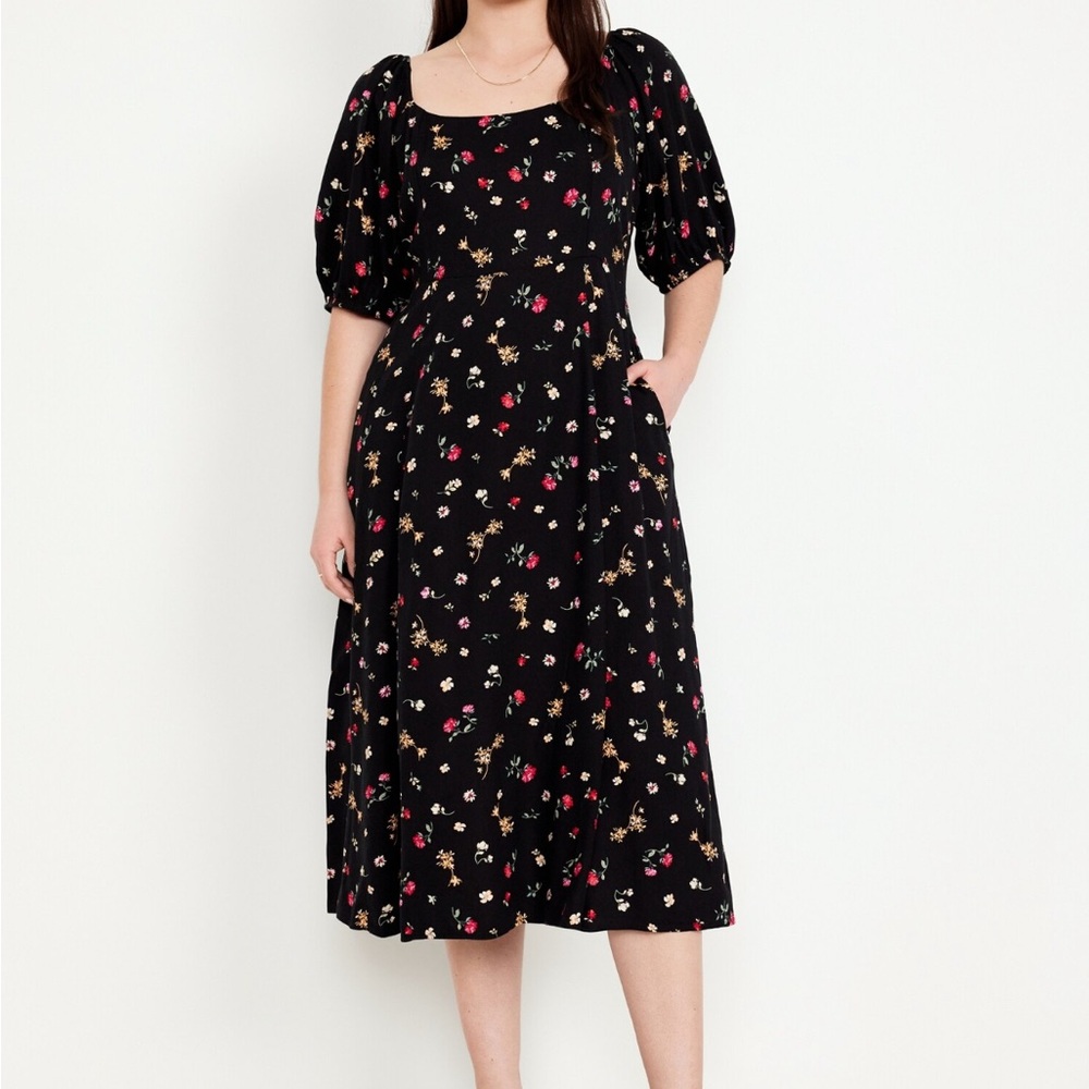 Fit & Flare Crepe Midi Dress— Black Floral; XL- Old Navy
